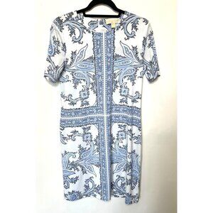 Michael Kors Blue White Scarf Print Sheath Dress Medium Polyester/Elastane Blend